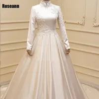 Muslim High Collar A-line Wedding Dresses Full Satin Applique Draped Pleat Floor Length Bride Dress Brush Train robe de mariée 1