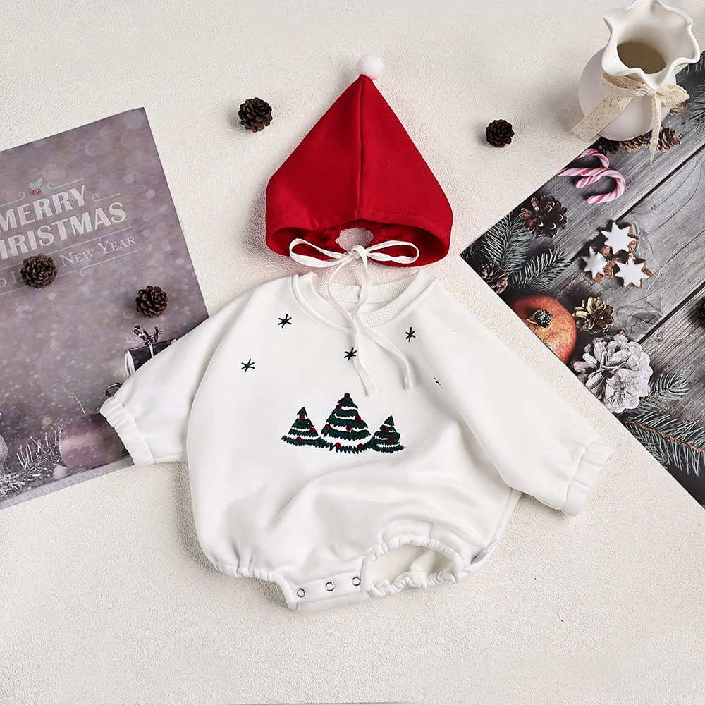 

MILANCEL Christams Clothes Fur Lining Infant Boys Bodysuits Christmas Tree Embroidery Toddler One Piece With Hat
