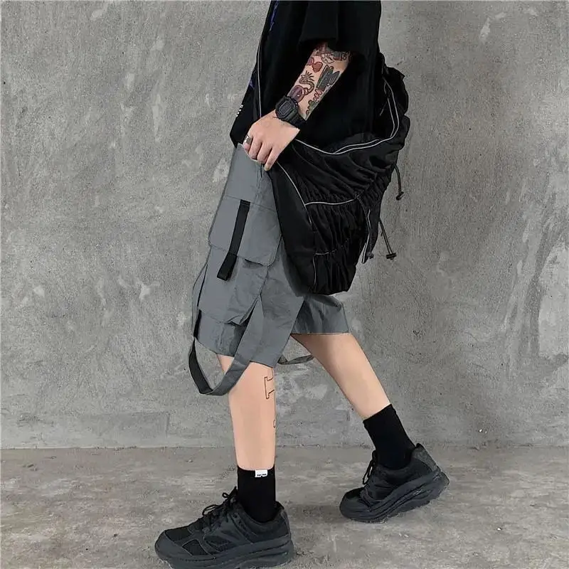 Unisex Cargo Safari Style Shorts Men Ribbon CP Summer Streetwear Knee Length Loose Capris Male Jazz Dance Y2K Ins Vibe Shorts