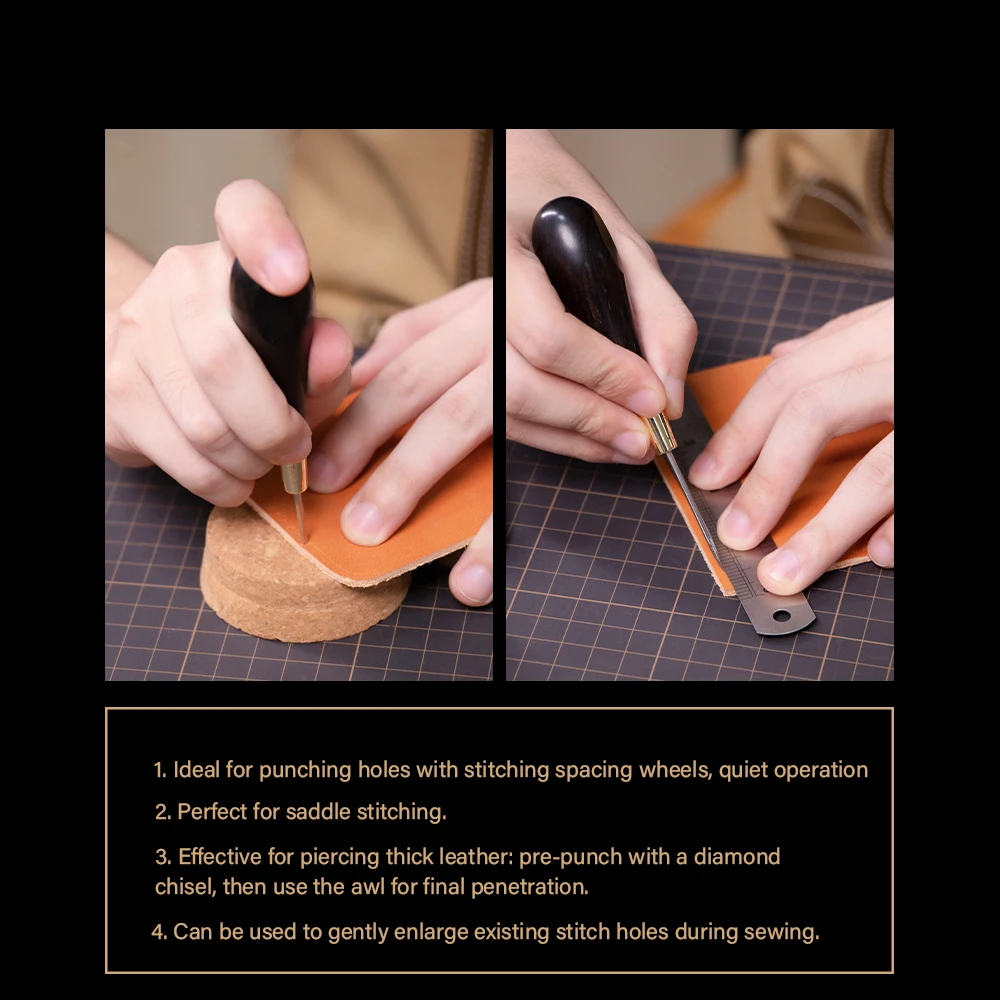 WUTA 2 세대 가죽 스티칭 송곳 다이아몬드 모양 에보니 블랙 우드 & 황동 공예 도구 손 바느질 송곳 DIY Stitcher 테이퍼