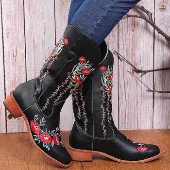 Vintage Cowboy For Womens Cowgril Boots Western Sunflower Motorcycle Boots Embroidered Boots women's boots 6