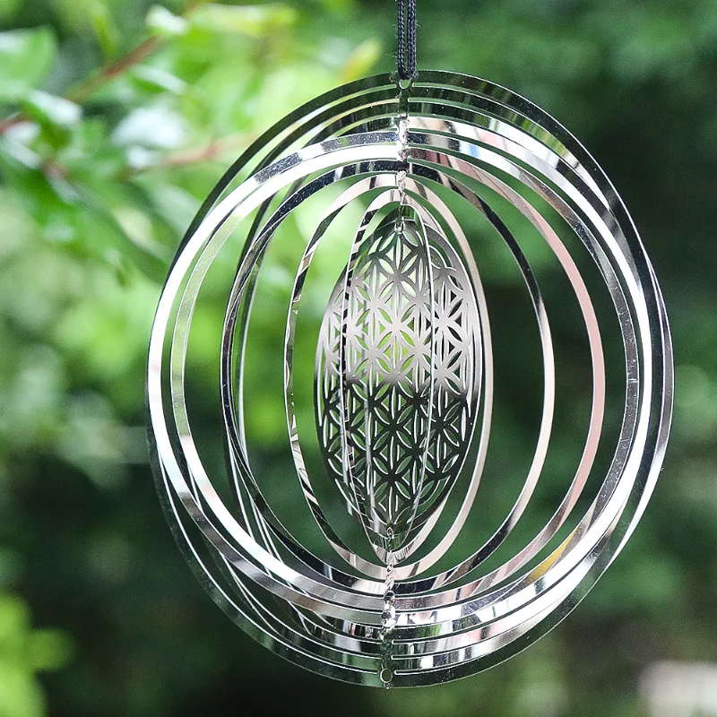 10CM Flower of Life Wind Spinner Concentric Circles 3D Rotating Wind Chimes Hanging Pendant Chakra Meditation Garden Yard Decor
