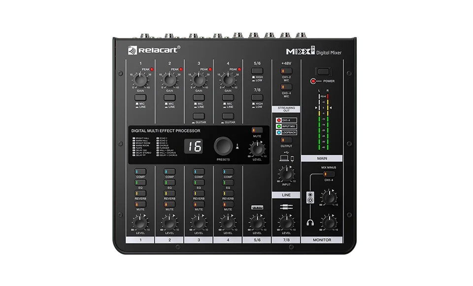 

RELACART MIXX8.6 8-канальный цифровой миксер со встроенными функциями цифровой обработки звука, USB-интерфейс для прямой трансляции