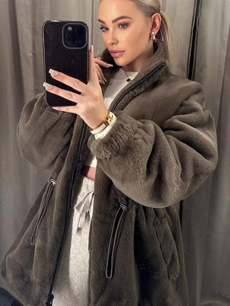 

Drawstring Faux Fur Plush Coat Women Solid Stand Collar Zipper Long Sleeve Cardigan Winter Autumn Female Thick Warm Jacket