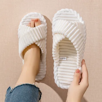 Pantofole da casa open toe con fascia incrociata in velluto a coste moda Donna Autunno Inverno Scivoli in peluche caldi Pantofole da camera da letto con suola morbida da donna 1