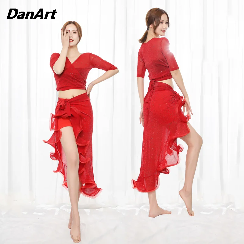 

Lady Sexy Slimming Training Suit Elegant Goddess Clothing Belly Dance Costume Set Top and Split Long Skirt Performance Clothing