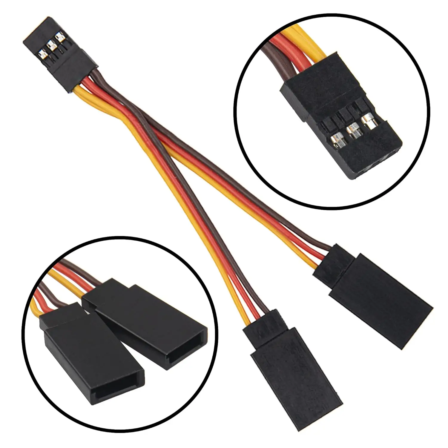 Câble répartiteur servo Y JR mâle vers 2 femelles pour modélisme RC, longueur 7cm, sur fond blanc.
