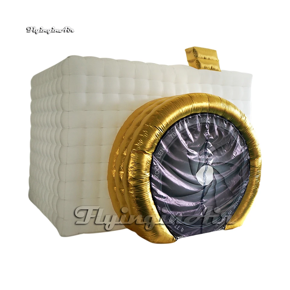 

Simulation LED Inflatable Camera Tent White Air Blow Up Cube Photo Booth With Golden Zoom Ring For Party Event