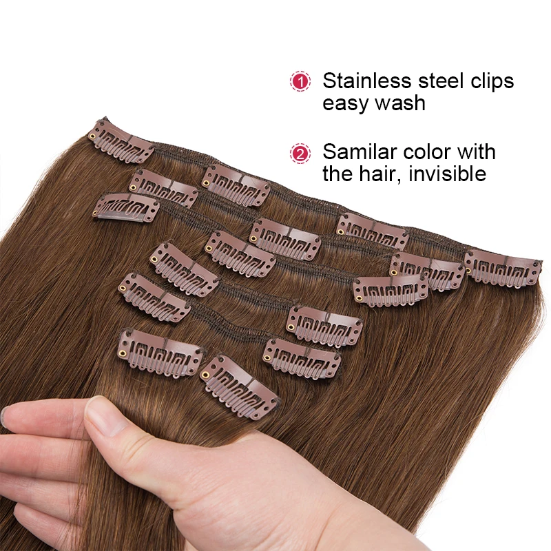 Grey/Pink 7Pcs Clip in Human Hair Extensions 100% Human Hair Clip in Natural Extensions Straight Hairpieces Remy #30,hair extensions