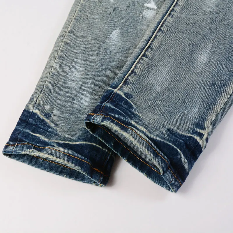 Street Fashion Men Jeans Retro Blue Stretch Skinny Fit Hole Ripped Jeans Painted Designer Elastic Hip Hop Brand Pants Hombre