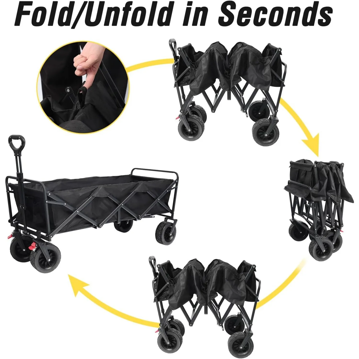 Collapsible Foldable Extended Wagon with 440lbs Weight Capacity, Heavy Duty Folding Utility Garden Cart with Big Beach Wheels