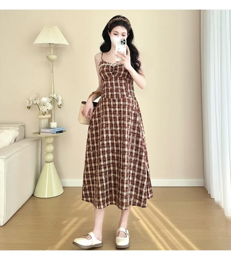 Spring Maternity Dress Suit Korean Style Long Sleeve Cardigans Strap Plaid Dress Twinset Fashion Pregnant Woman Clothes Set