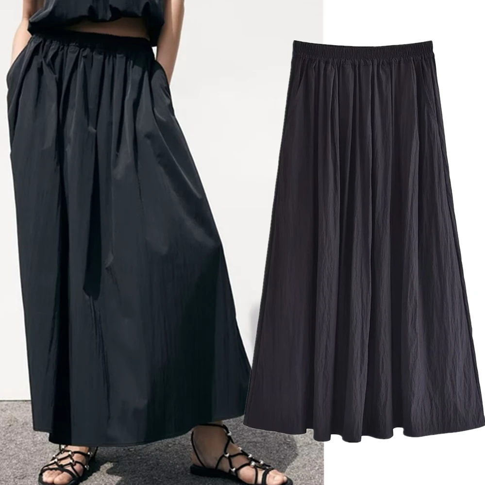 Maxdutti 2023 Skirt Women Summer New Ladies High Waist Midi Skirt French Fashion Black Pleated