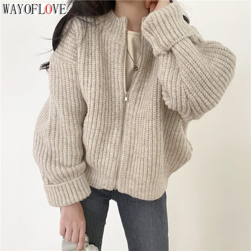 Wayoflove Zipper Knitted Cardigans Sweater Women Autumn Winter Thicken