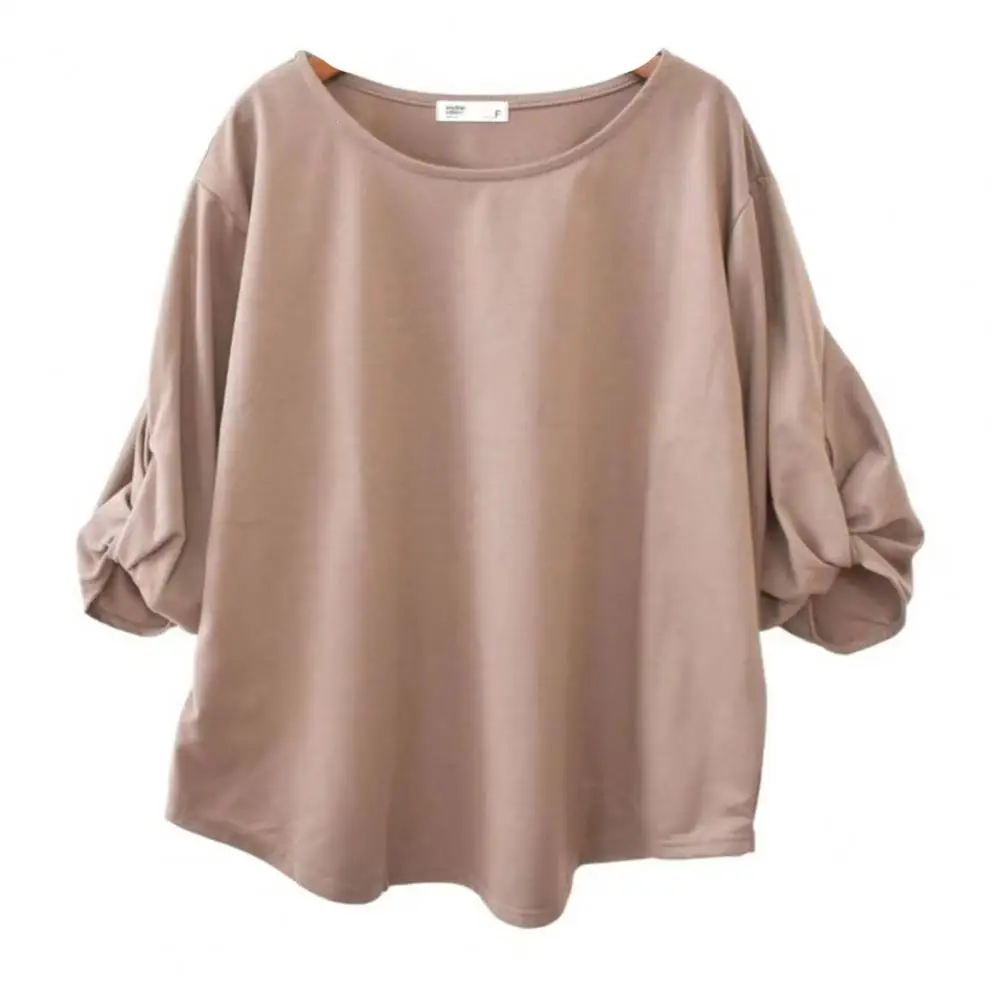 Women Top Stylish Women's Summer Tops Round Neck Three-quarter Sleeve T-shirt with Knotted Cuffs Loose Fit Pullover Casual Solid