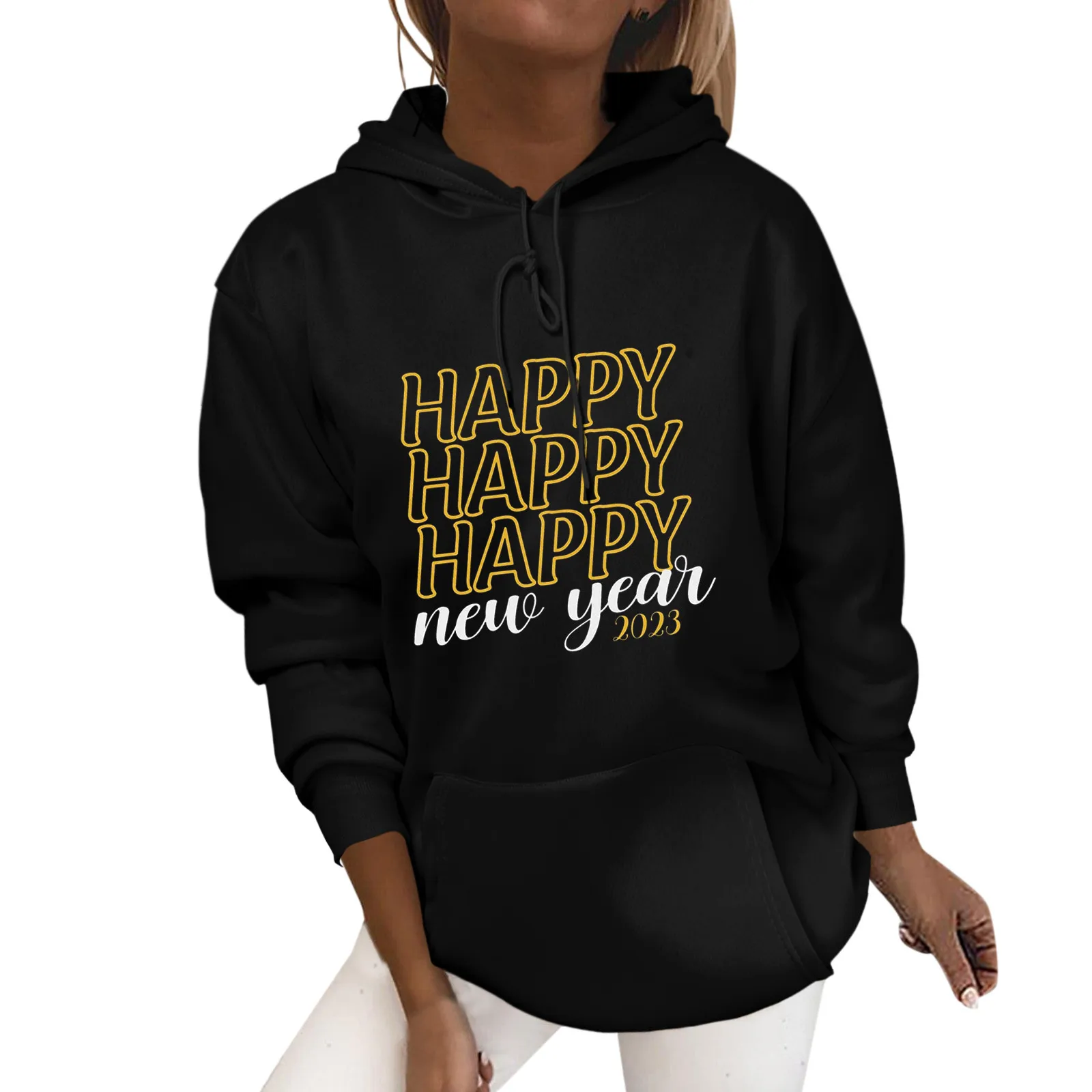 

2023 Happy New Year Hoodies Women Christmas Sweatshirt Pullover Long Sleeve Sweatshirt For Women Print Party Hooded Sweatshirt