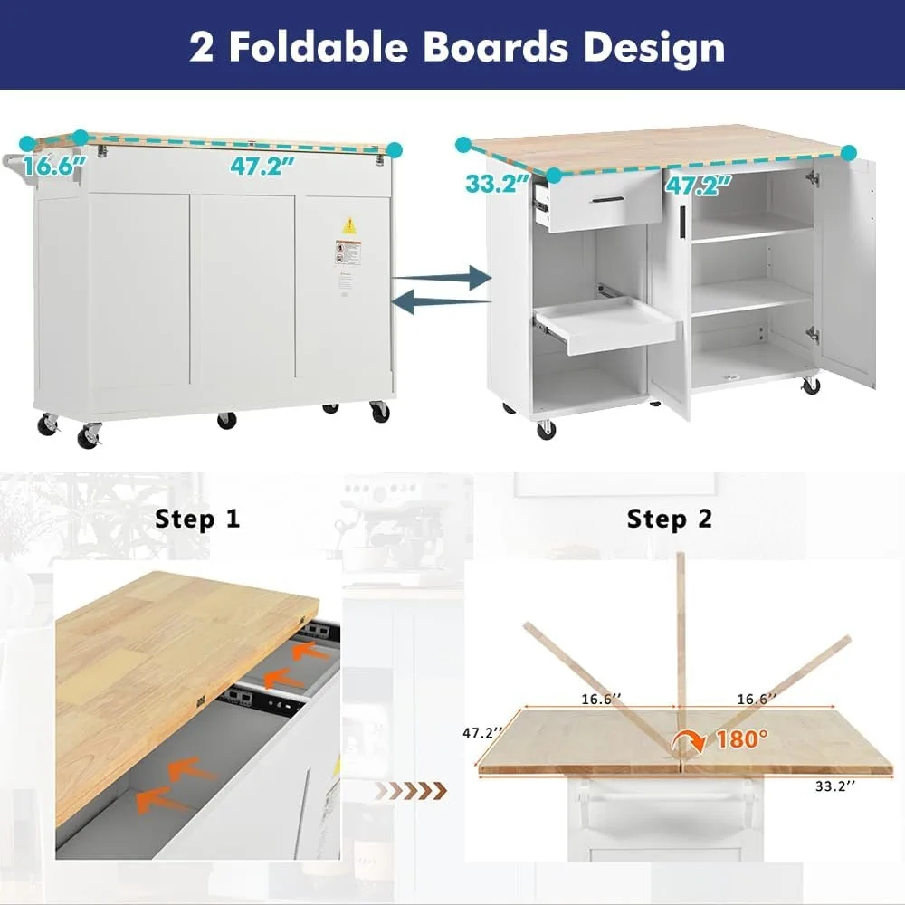 Rolling Kitchen Island on Wheels with Storage Cabinet and Drawers, Kitchen Cart with Slide-Out Leaf, Island Table