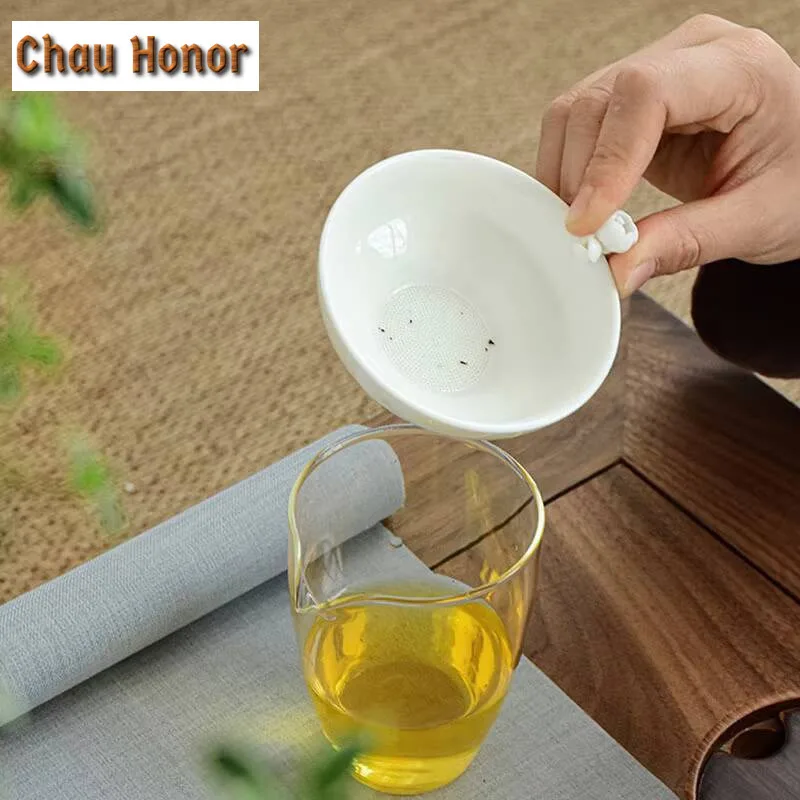 Dehua Mutton Fat Jade White Porcelain Handmade Hand Pinch Flowers Ceramics Tea Leak Household Kung Fu Teaset Filter Tea Ceremony