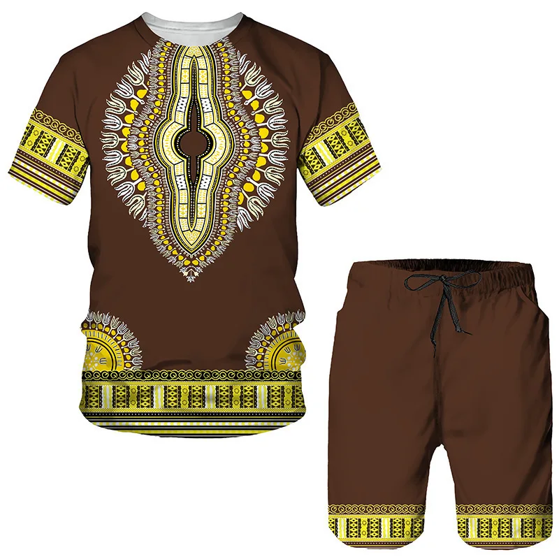 thumbnail image 1 of Traje con estampado digital 3D de pueblos indígenas africanos de estilo retro, camiseta y pantalones cortos de hip hop, chándal masculino/femenino, top de verano, 1 of 5