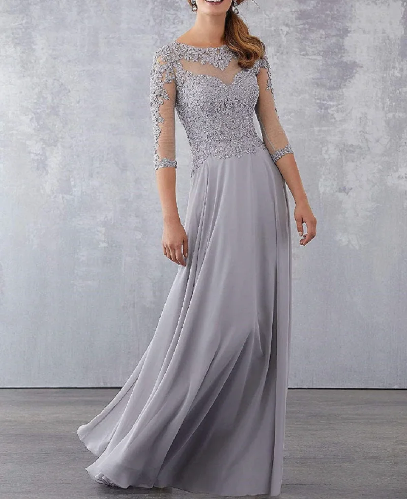 

Elegant Three Quarter Sleeve Long Chiffon Mother of the Bride Dresses Purple Lace Applique Beaded Evening Formal Mother Dress