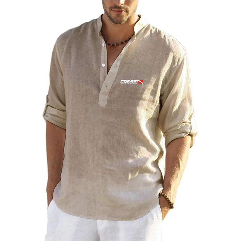 Scuba Dive Cressi 2023 Summer style Men's High quality leisure fashion Linen Long Sleeve Shirt Solid Color Casual Cotton Tops