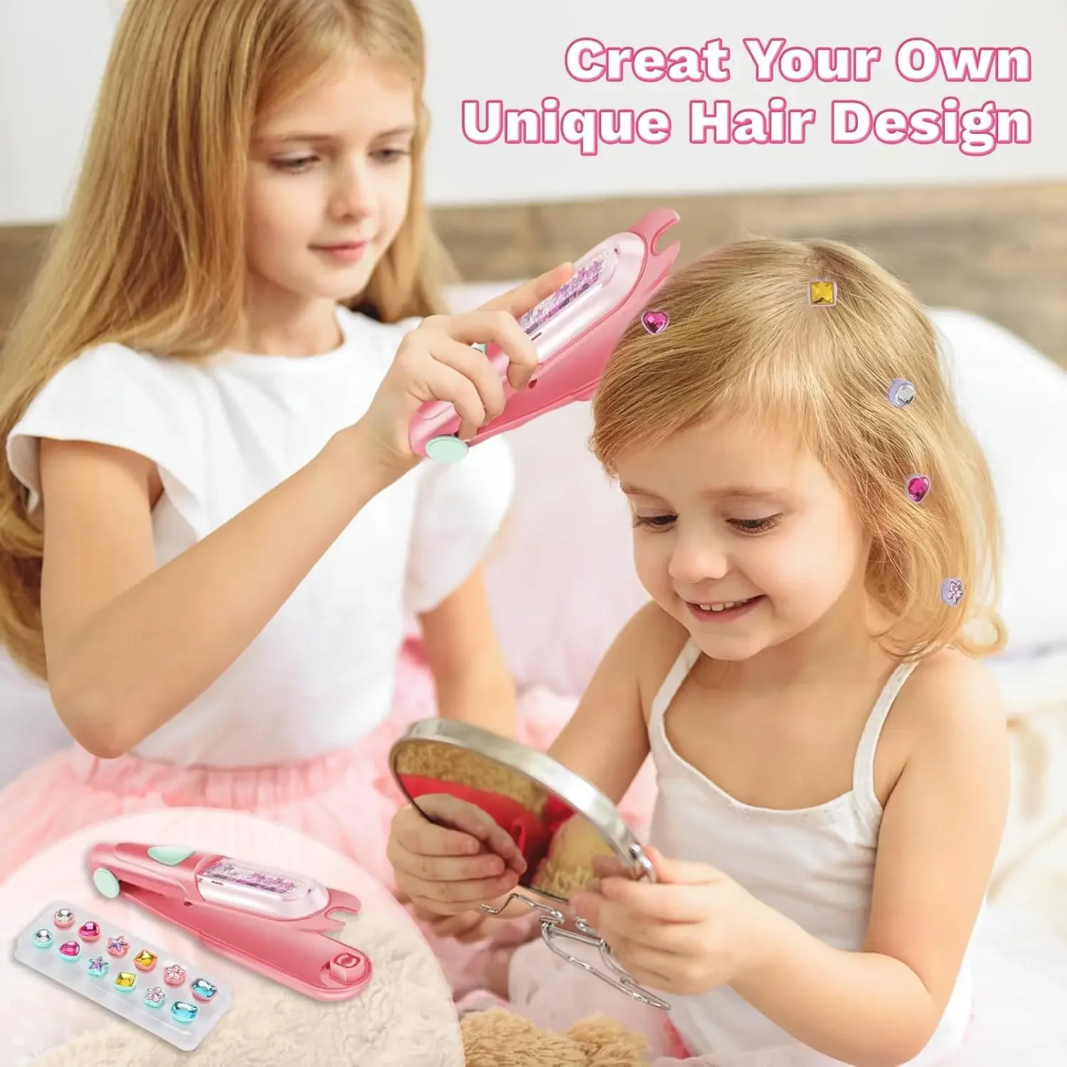 Hair Accessories Makeup Toy Hair Gem Stamper Kit Blingling Hair Jewels for Girls Toys Styling Tool with Reusable Shining Diamonds Pretend Play Toy Gift