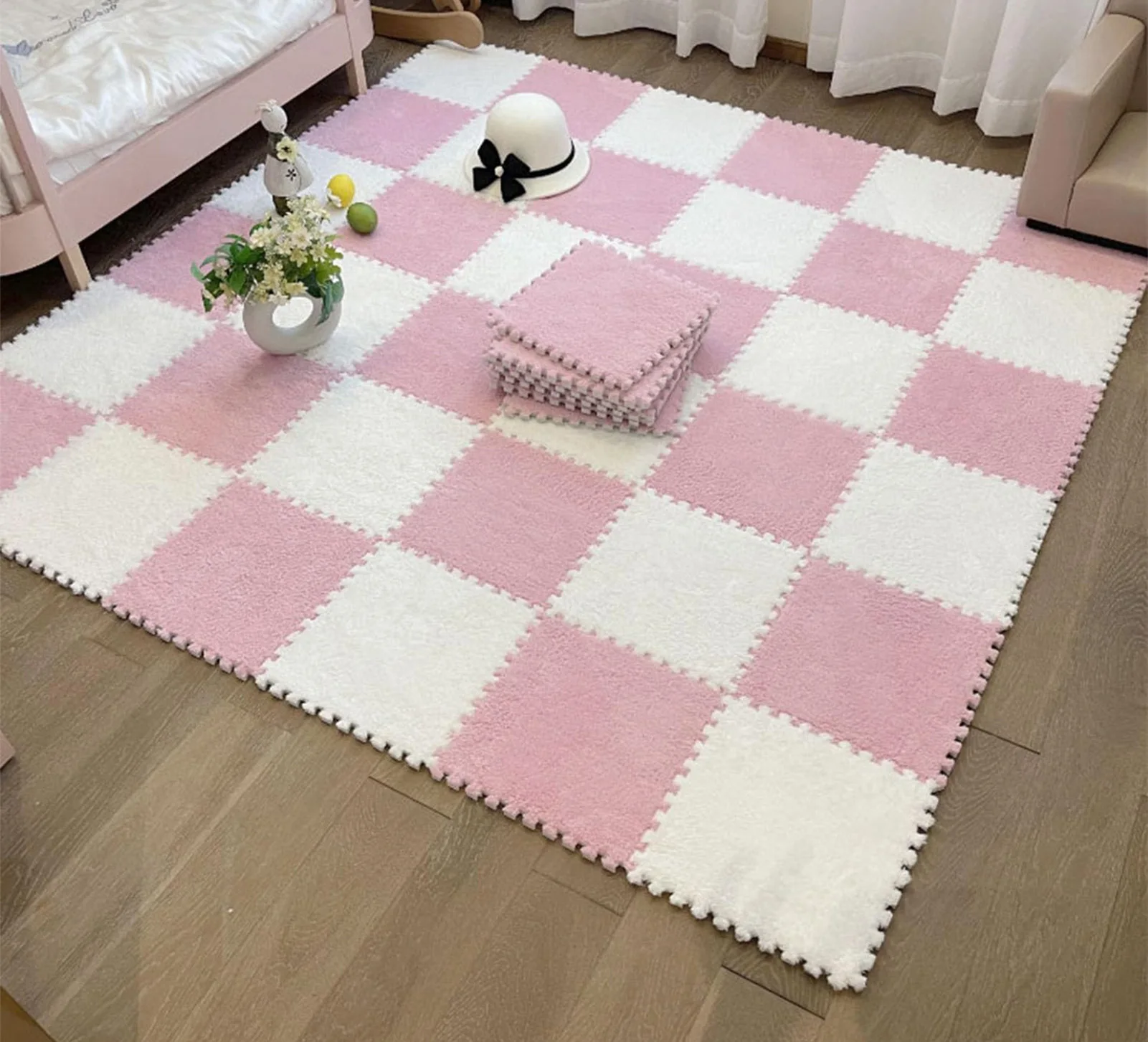 ZK20 10pcs Plush Foam Floor Mat Color Blocking Split Joint Interlocking Cuttable Soft Plush Rug for Bedroom