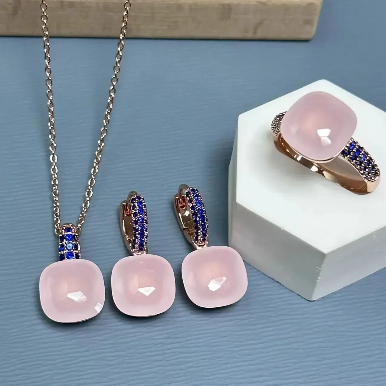 

3Pcs/Set 12.6mm Ring Earrings Necklace Set Inlay Dark Blue Zircon Candy Crystal Jewelry Set Fashion Jewelry Party Gift