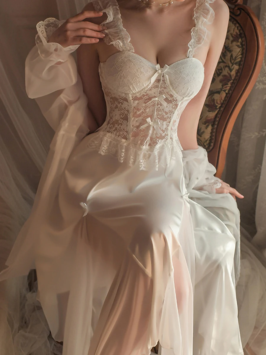 

Elegant Women's Summer Silk Slip Sleepwear Dress Sleeveless Backless V Neck Nightgown Sheer Lace Floral Nightdress Nightgown