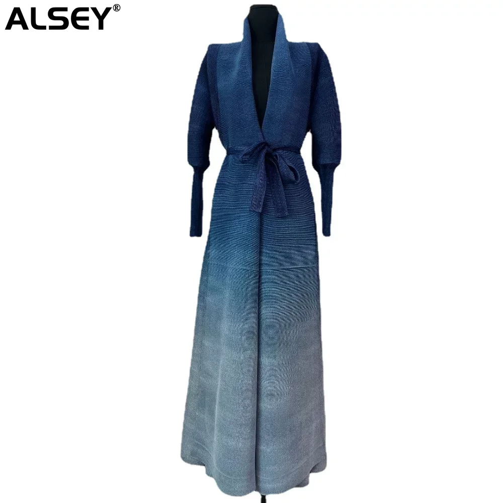 

ALSEY Miyake Pleated Peplum Long Sleeve Coat Coat Spring Autumn New Lantern Sleeve High Open Collar Gradient Cardigan Trench