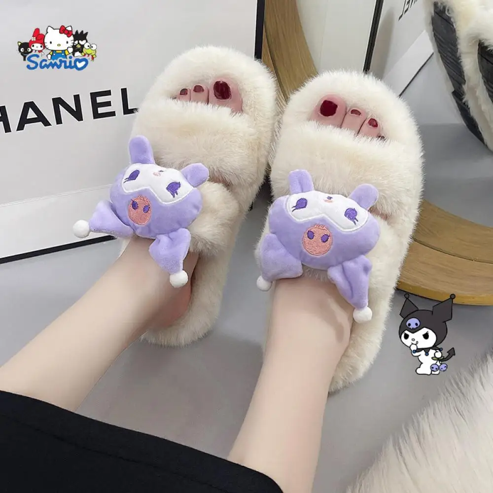 

Kawaii Sanrios Melody Kuromi Plush Slippers Cartoon Cinnamoroll Autumn Winter Comfortable Soft Sole Cute Exposed Toe Home Shoe