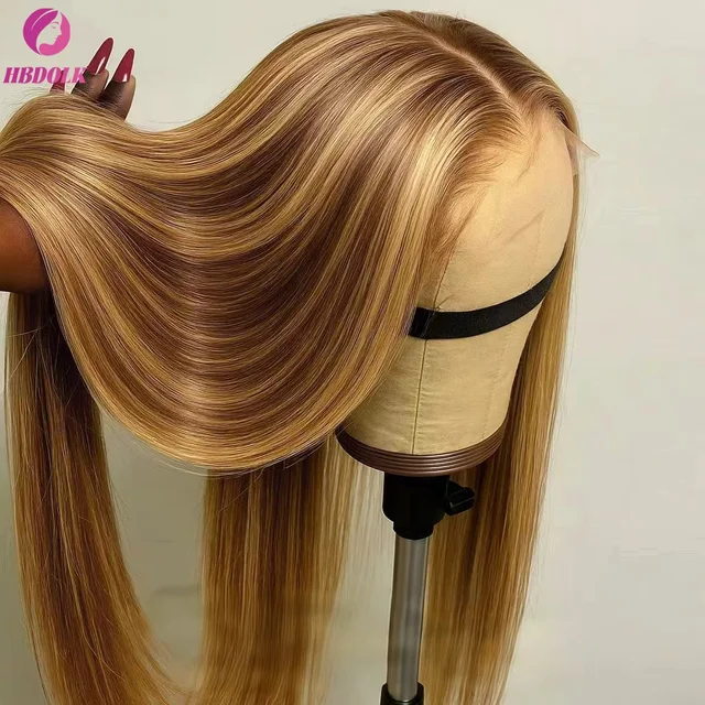 Perruque Lace Front Wig naturelle lisse, cheveux humains, blond miel ombré 4/27, reflets 5x5 13x4, pre-plucked, avec Baby Hair 1