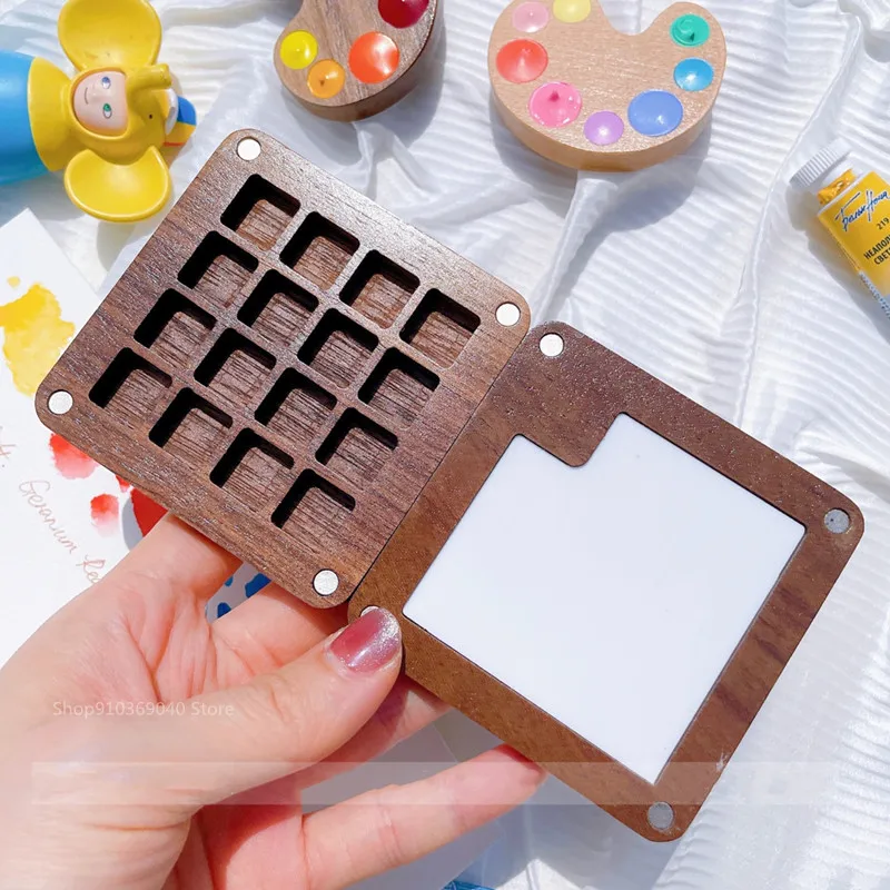 Empty Watercolor Palette Ins Wind Watercolor Travel Portable Mini Paint Box Color Matching Magnetic Wooden Box Painting Supplies