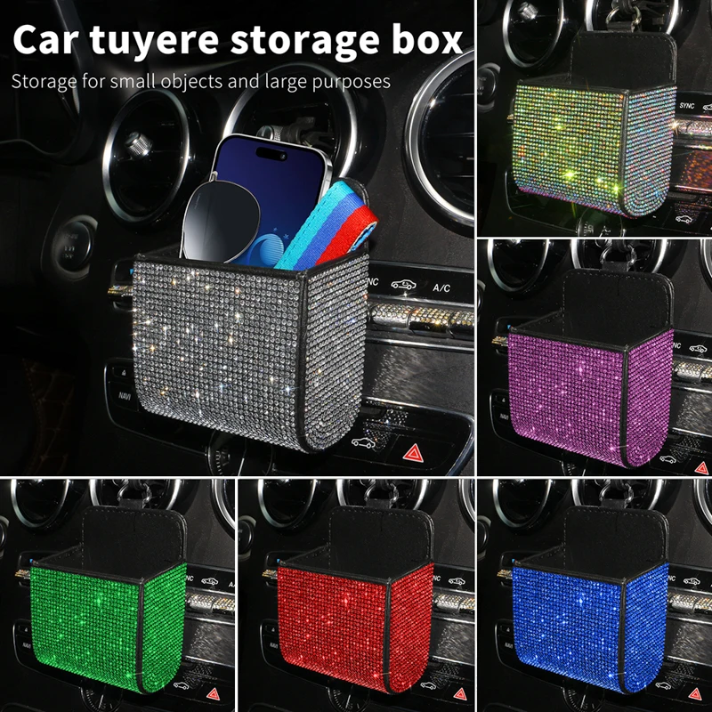 Caja de almacenamiento de ventilación de coche de diamantes de cristal, organizador de cuero automático, teléfono celular, gafas, llavero, decoración, accesorios de coche para mujeres