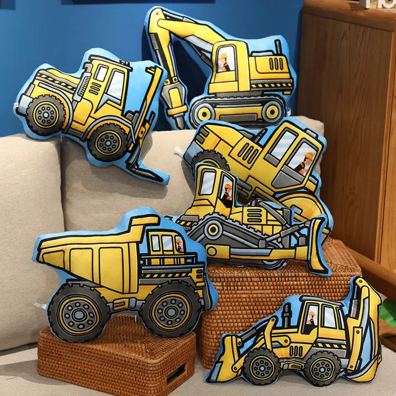 Stuffed Transporter Plush Pillow Soft Printing Multi-functional Bulldozer Forklift Crane Excavator Road Roller Tramcar Men Gift