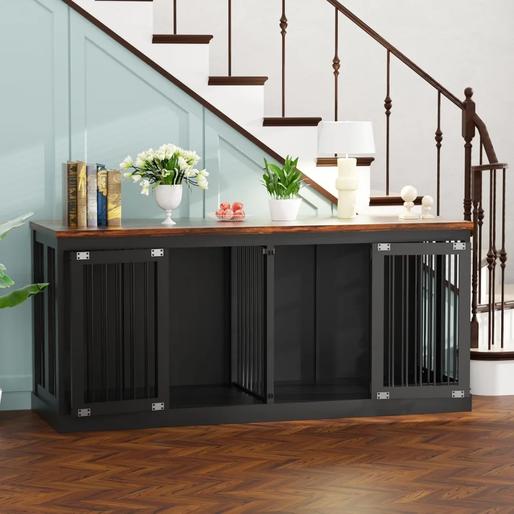 71 Inch Wooden Double Dog Crate Furniture - front view