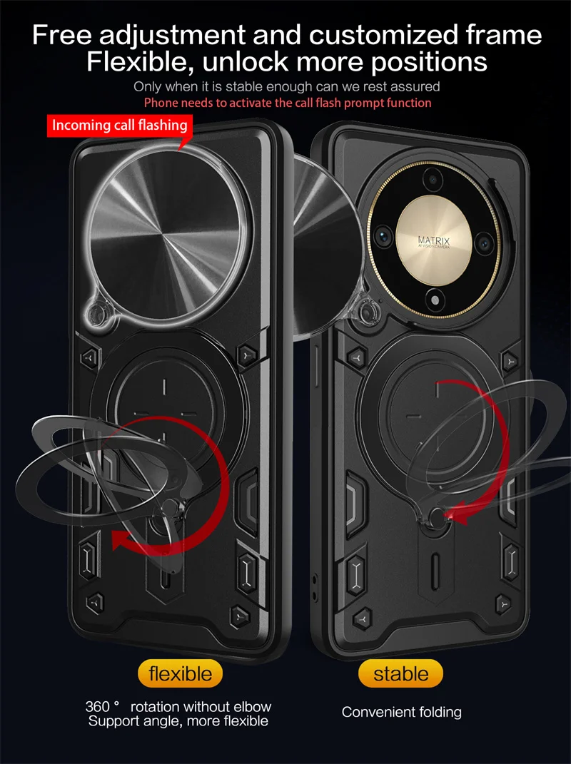 Honor Magic6 Lite 5G 케이스 아머 슬라이드 카메라 렌즈 보호 휴대폰 커버, Honor Magic 6 Lite 5G ALI-NX3 링 스탠드