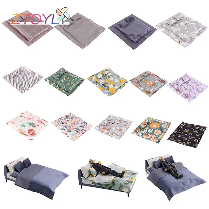

1Set 1:12 Dollhouse Miniature Bed Four Piece Bed Set Bed Sheet Quilt Pillow Velvet Four Piece Bedding Set Bedroom Decor Toy