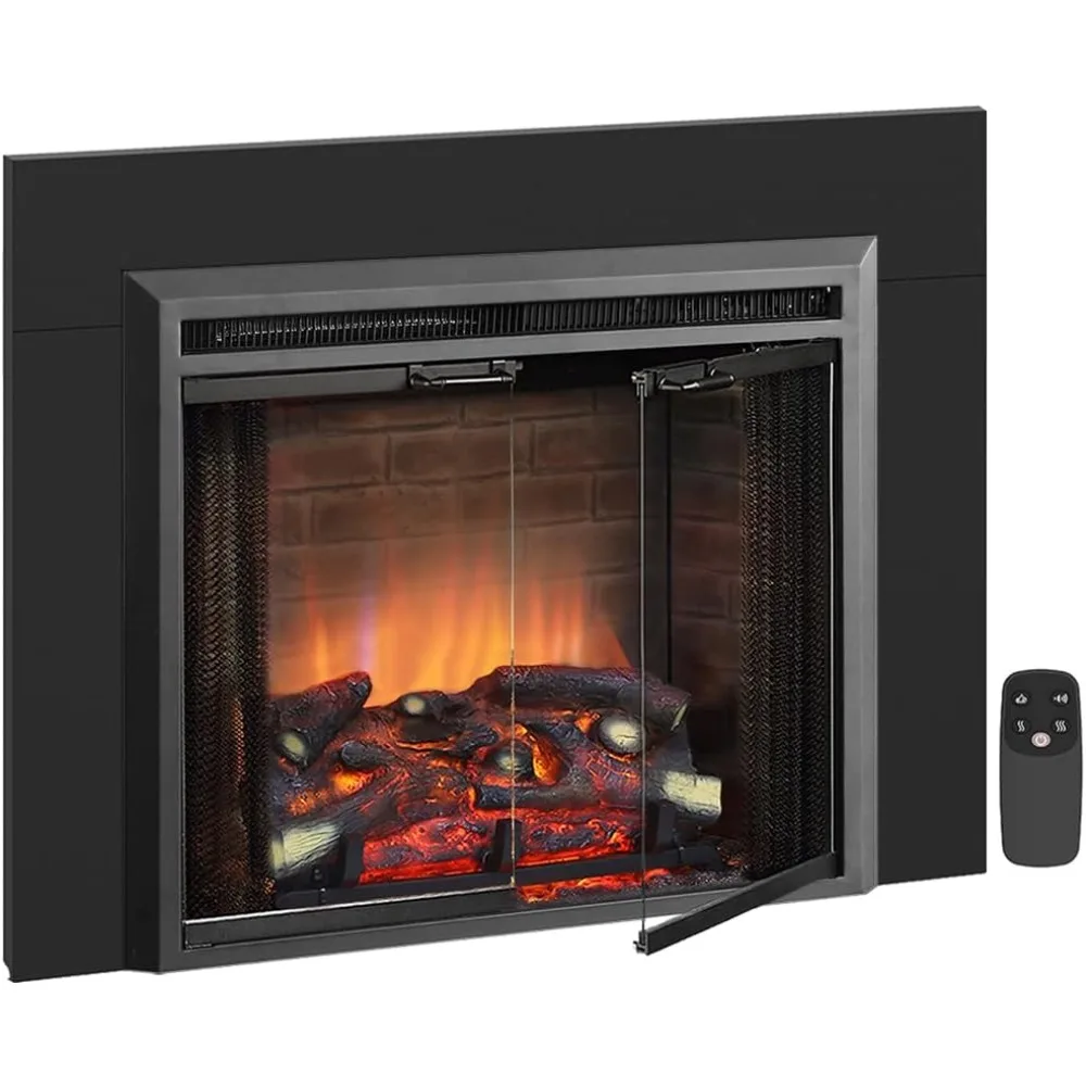 Klaus 26” Electric Fireplace Insert with Trim Kit, Fire Crackling Sound, Resin Log, Glass Door and Mesh Screen, 750/1500W Heater 2