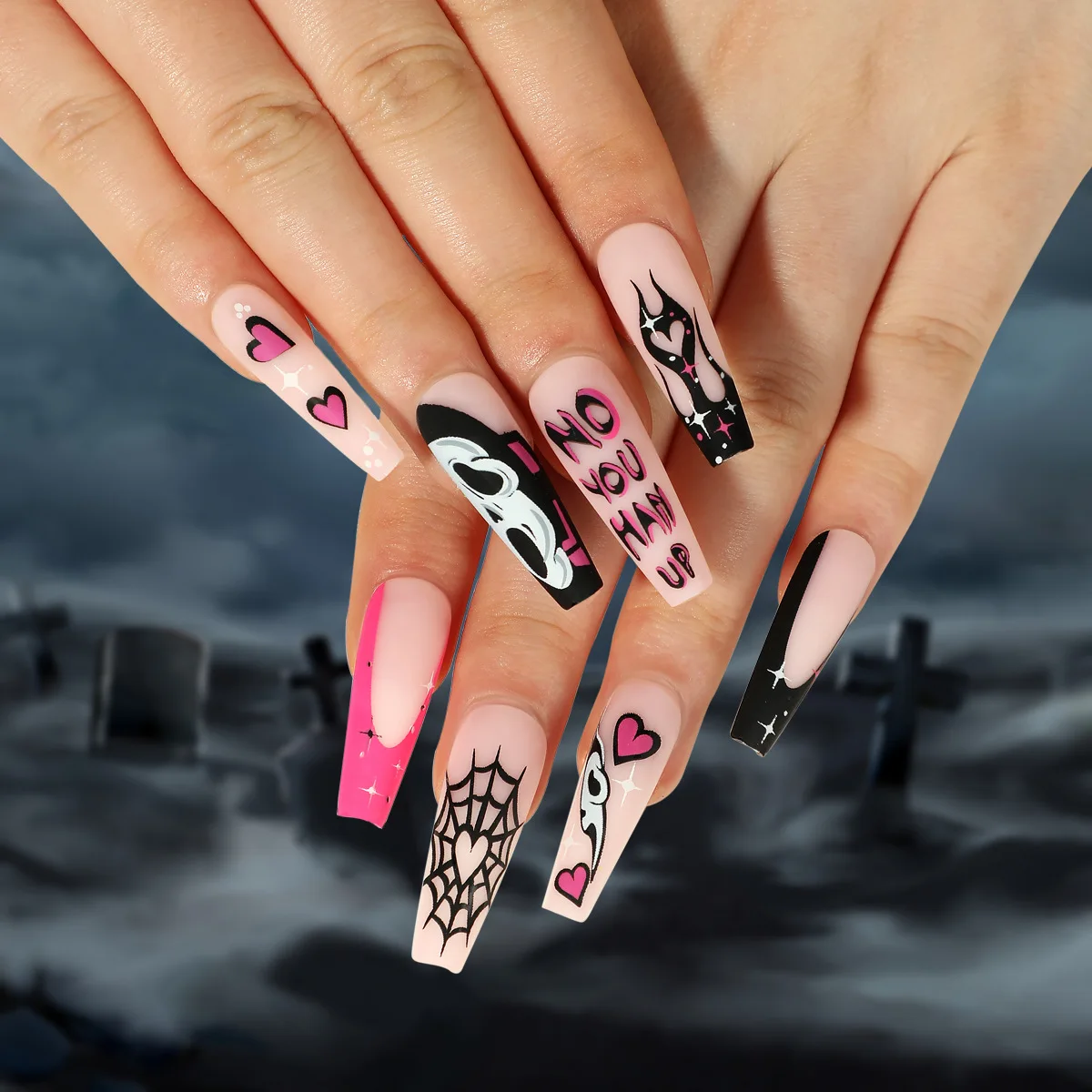 

3D fake nails accessories for Halloween spider Halloween heart ghost long french coffin tips faux ongles press on false nail set