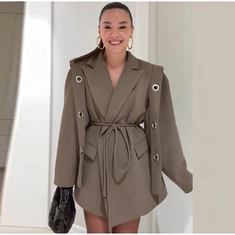 Fashion Solid drehen-unten Kragen Mantel Frauen Wolle Mischung Spitze Up Alle-spiel Mid-länge Blazer 2025, dame Herbst Winter Chic Mantel – Detail 13