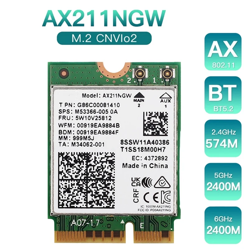 

AX211NGW Wifi 6E M.2 Key E Cnvio2 двухдиапазонный 2,4 ГГц/5 ГГц комплект беспроводной сетевой карты 802.11Ac Bluetooth 5,2 адаптер