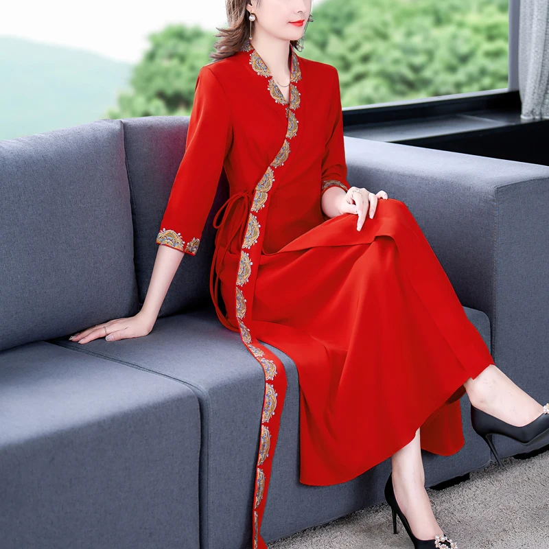 

Spring Summer Silk Dress Embroidery Retro Slim Waist Improved Chinese Style Hanfu Dress Elegant Women's Clothing fp673