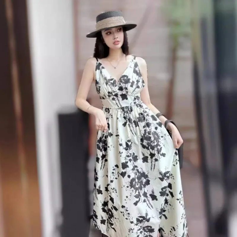 

French Elegance Ink Printing Dress for Women, Waist-Slimming Long Dress, Sling Temperament Dress, Spring and Summer, New, 2024