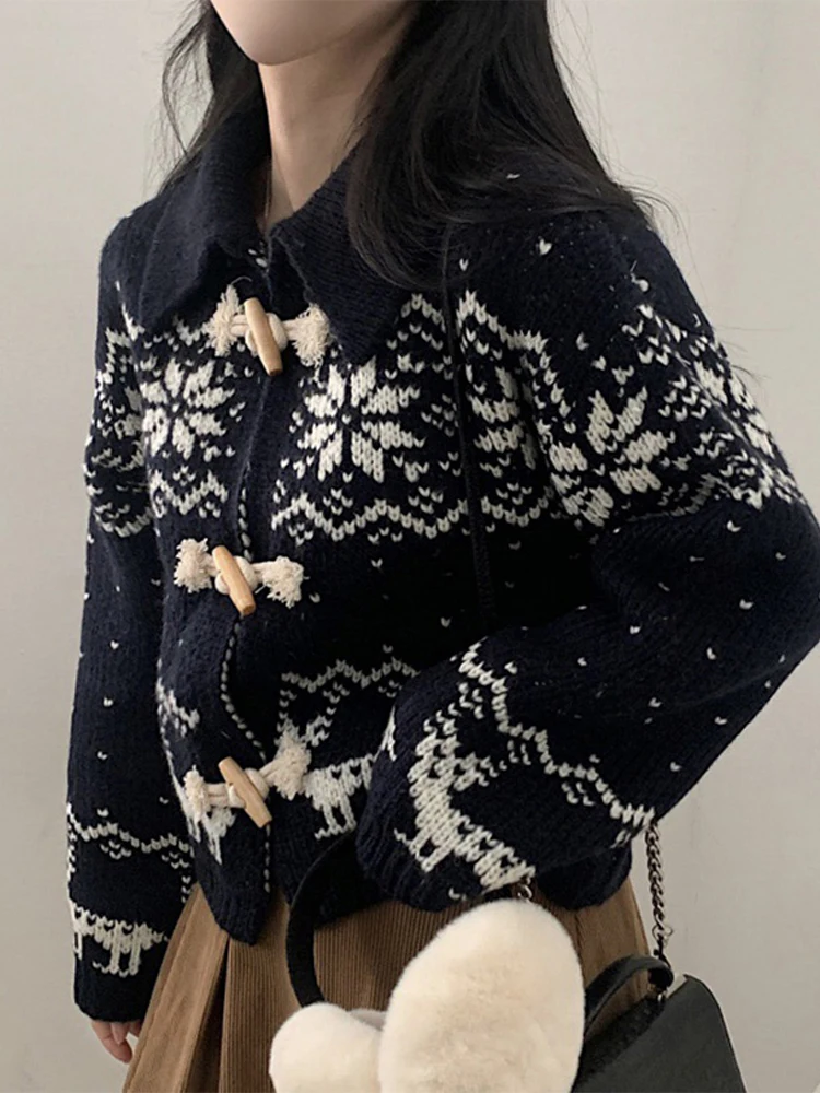 

Vintage Sweater Women Casual Chic Horn Button Thick Korean Cardigan Female Winter Warm Turndown Collar Loose Knitwears Lady