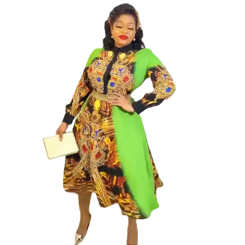 Dashiki African Clothes for Women 2022 Autumn Fashion Long Sleeve O-neck Yellow Green Printed Two Pieces Sets Top and Skirt