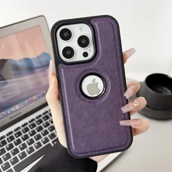 Luxury PU Leather Shockproof Business Phone Case with Cowhide Design and Logo Cutout for iPhone 14 Plus (Purple)