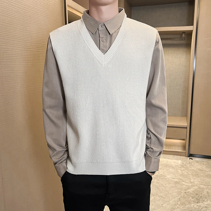 

2023 Winter Men's Sleeveless Sweaters Vest Clothes V Neck Pullover Fashion Trend Popular Coats 3 Color business Knitting