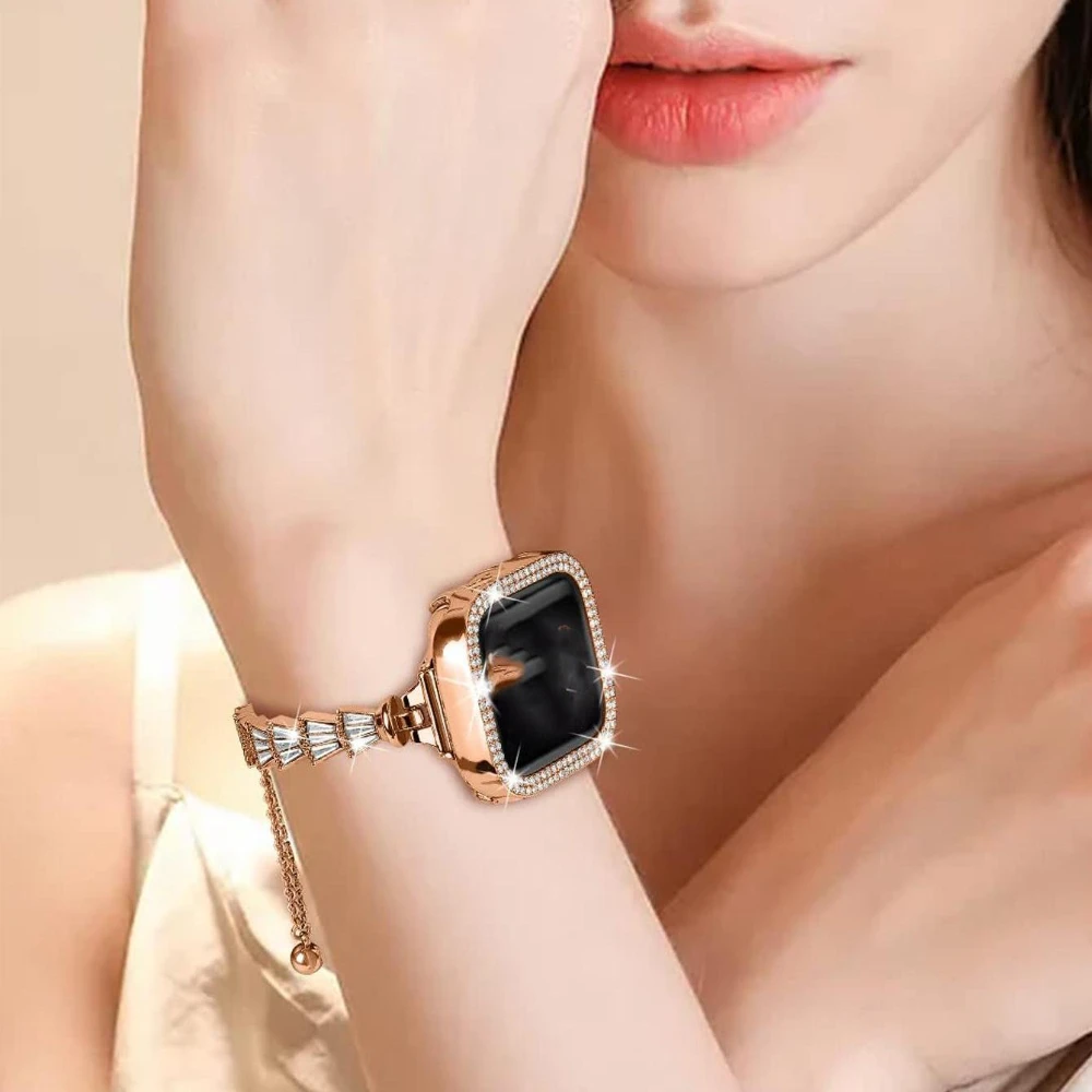 Metal Diamond Strap+Glass Case for Apple Watch 45mm 41mm 44mm 40mm 42mm 38mm Watchband for iWatch Series 8 7 6 5 4 3 SE Bracelet