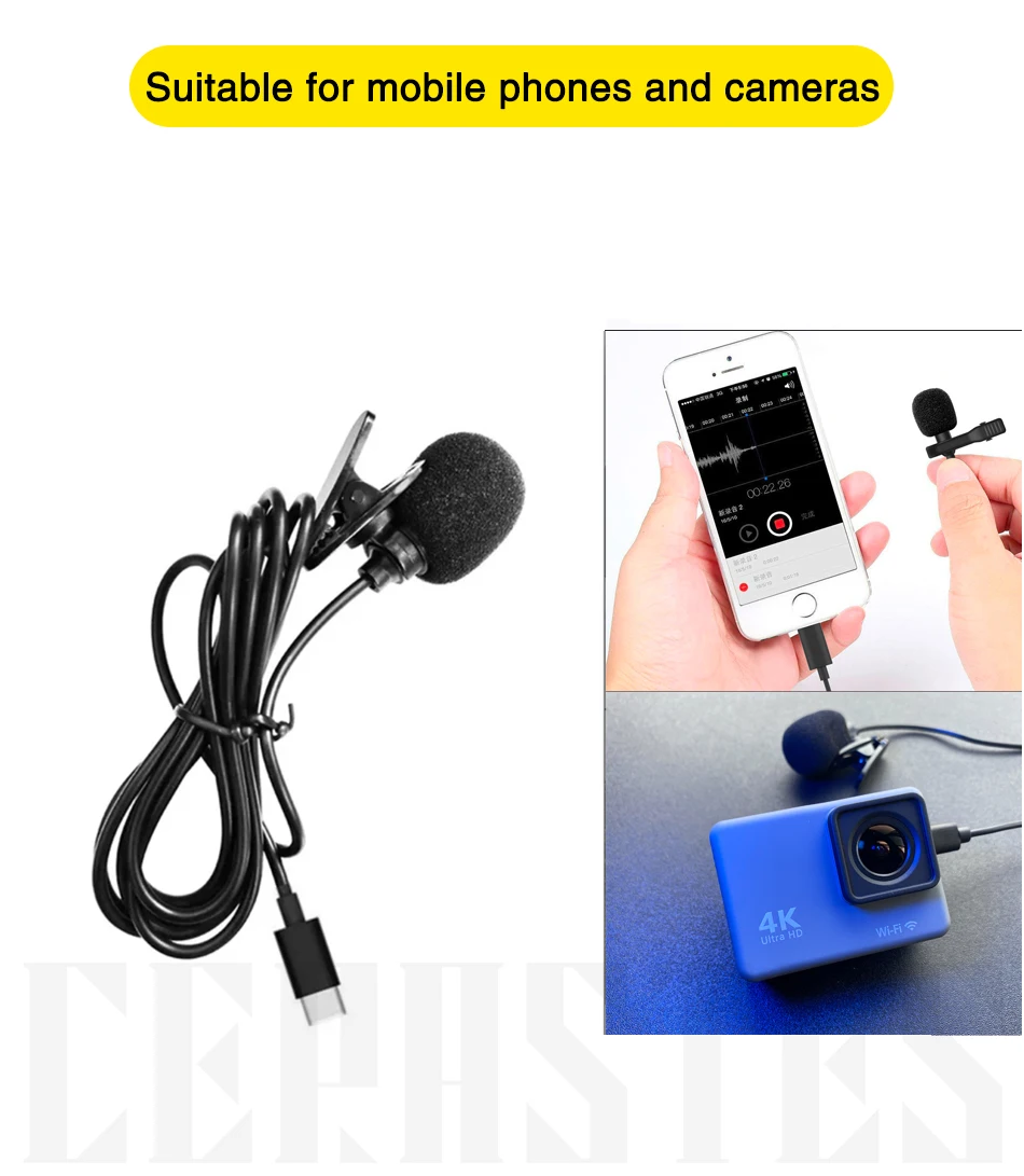 CERASTES 고충실도 외부 마이크 스포츠 카메라 액션 카메라 유형-c 마이크로 USB 커넥터 케이블 길이 1.5M